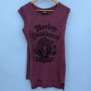 Harley-Davidson Hooded Skull Rhinestone Acid Wash Sleeveless Tee Small Purple